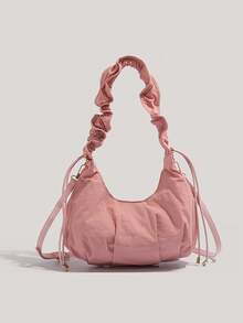 新款女士褶皱云朵单肩包，休闲抽绳尼龙新月形手提包，时尚简约轻便腋下包 - 彩色 - 查看 8