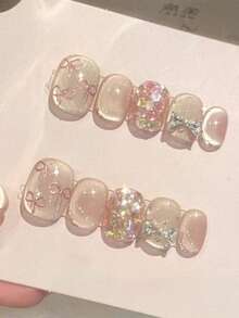 10 Pieces Of Handmade Girlish-Style Bow-Shaped Rhinestone Moonlight Satin-Like Glass Bead Cat's Eye Sweet Pink Cute Daily Casual Luxury Wear Accessory Nails - Baby Pink - View 1