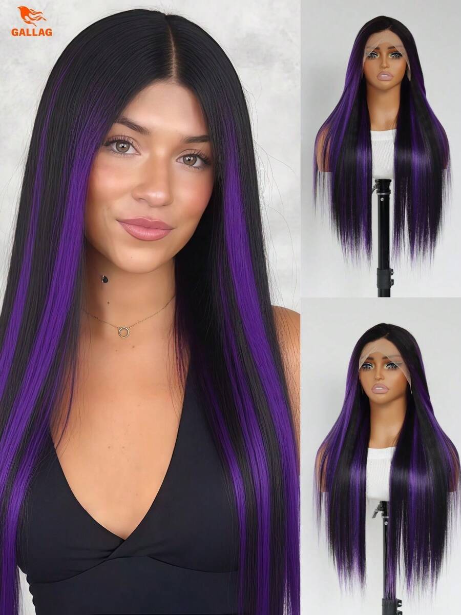200% Density 24" 13X4 HD Lace Front Wig - Hand-Tied Black Silky Straight With Purple Highlights, Glueless Heat Resistant Synthetic - Purple Highlight - View 1