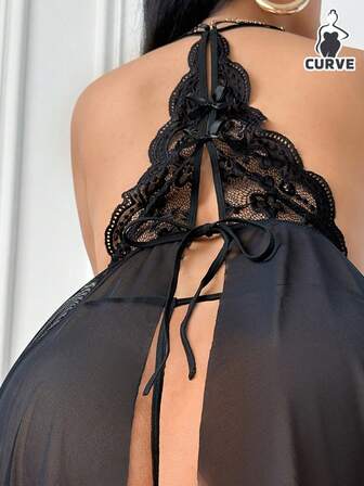 2 st Plus Size Dam Djup V-ringad Transparent Rygglös Spets Patchwork Rosettdekor Utsvängd Fåll Camisole Nattlinne, Kurvig Smickrande, Sexigt Underklädesset