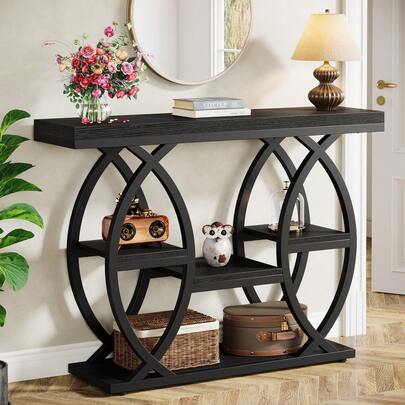 LITTLE TREE 39.4" Console Table, Industrial 4-Tier Sofa Table Entryway Table, Narrow Wood Accent Table For Living Room, Hallway, Foyer, Rustic Brown