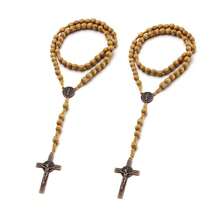 Rosary Beads Catholic For Women Handmade Wooden Catholic Rosay With Jes 1us Christ Crucifix Cross Real Healing Wooden Rosary Beads Yoga Meditation Prayer Bead Necklace - 淺灰色 - 查看 1