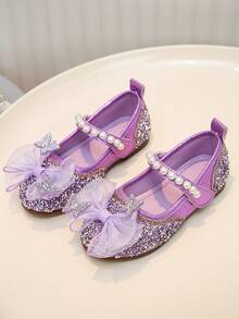 1 Pair Girls' Multi-Color Butterfly Rhinestone Shoes, Pearl Decor Princess Soft Bottom Shoes, Suitable For Spring, Summer, Birthday Party, School Performance, Ethereal And Gentle Little Shoes - Purple - View 2
