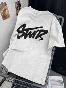 夏季新款休闲手写艺术字母印花圆领短袖T恤，时尚百搭女式上衣 - 淺花灰 - 查看 7