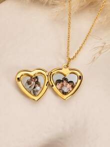 Customized Photo Heart-Shaped Stainless Steel Necklace, Personalized Vintage Oval Heart-Shaped Box Can Hold 2 Photos, Memorial Pendant Gift For Her, Suitable For Mother's Day, Valentine's Day, Christmas, Birthday, Anniversary, Wedding, Thanksgiving, Best Friend Gift, Daily Wear Delicate Chain Necklace, Women's Fashion Memorial Jewelry - Multicolor - View 9