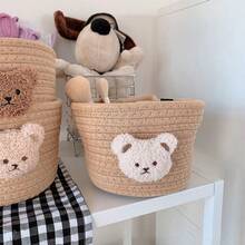 1pc Handmade Woven Storage Basket, Cartoon Bear Desk Organizer Box, Clips, Hair Ties, Makeup Brush Holder - Coffee Brown - View 6
