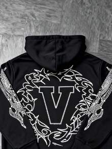 Mens Y2K Letter Print Zip Hoodie Oversized Streetwear Graphic Pullover Harajuku Style Jacket - 黑色 - 查看 2