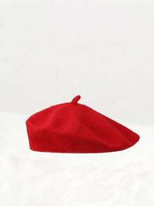 1顶复古休闲贝雷帽，女士百搭圆顶艺术家帽，时尚百搭，适合秋冬季及情人节佩戴，黑色贝雷帽 - 紅色 - 查看 2