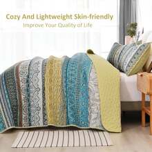 WONGS BEDDING Bohemian Comforter Set, Twin, Full, Queen & King Sizes, 3 Pieces, Lightweight Microfiber Quilt, Bohemian Style, Purple & Blue, All Seasons - 黃色 - 查看 3