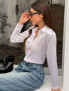 优雅翻领前扣长袖仿丝缎面女式衬衫 - 白色 - 查看 1