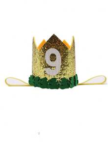 Shiny Gold Jungle Crown Birthday Party Hat, Handmade Glued Numeric 1-9 Holiday Event Party Costume Headpiece, Felt Leaf Crown Party Hat
