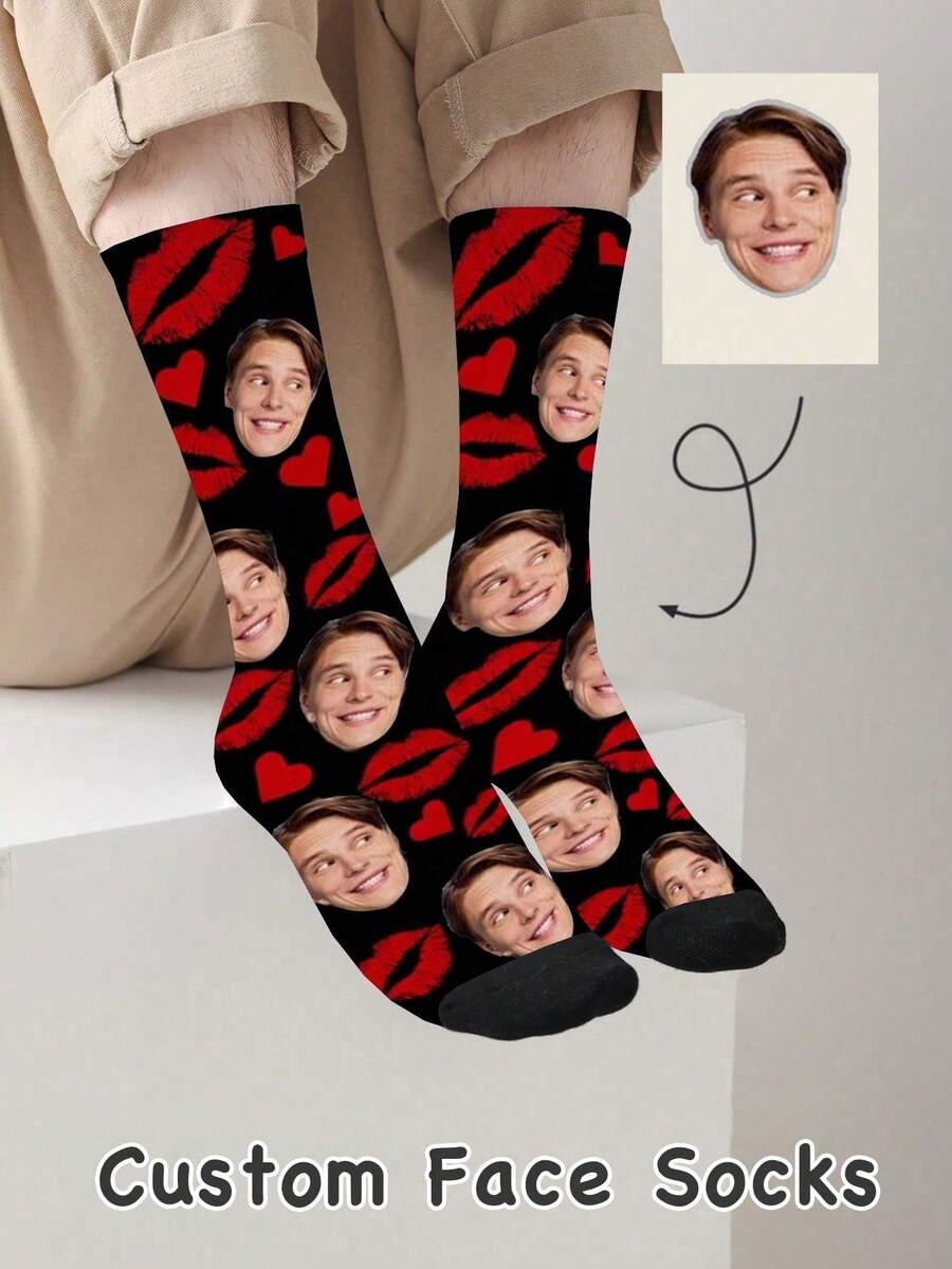 1 Pair Customized Text & Graphic Print Funny Couple Socks, Can Customize Photos And Names, Personalized Couple Socks Suitable For Valentine's Day, Birthday, Christmas And Other Occasions - Black - View 1