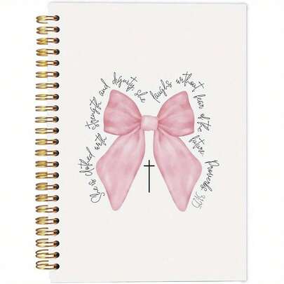1 Pack Women's White With Pink 21.2cm*14.4cm Watercolor Bow & Proverbs Scripture Print Gold Spiral-Bound Note Book, Elegant & Devotional Style Christian Journal For Daily Scripture Reflection, Prayer Notes & Faith-Based Planning