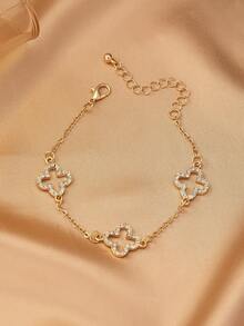 1pc Hollow Four-Leaf Clover Rhinestone Inlaid Women Pendant Bracelet, Fashionable, Elegant, Suitable For Party, Banquet And Daily Wear