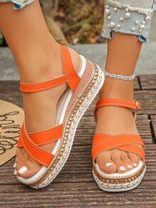 Fashionable Rivet Decor Criss-Cross Strap Open Toe Wedge Platform Sandals For Women,Summer Sandals - Orange - View 6