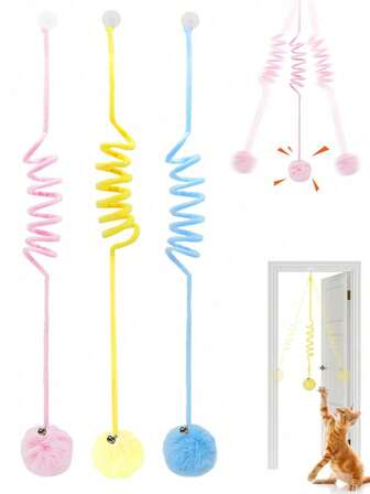 Interactive Hanging Spring Cat Toy With Plush Rabbit Ball - Colorful Spiral Spring, Suitable For Playful Cats, Wall-Mounted Design, Educational & Fun, Indoor Cat Toy
