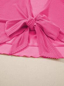 Acelitt 女士玫瑰红罗纹镂空蝴蝶结休闲圆领短袖T恤，夏季 - 西瓜粉 - 查看 7