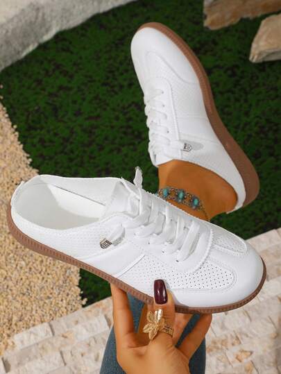 New Round Toe Hollow Breathable Women Casual Sport Shoes, Classic Lace-Up Backless Slip-On Fashion Color Block Flat Vacation Slouchy Shoes, European Size, Cross-Border E-Commerce