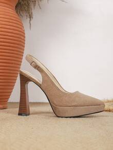 女士时尚优雅性感露背尖头厚底粗跟高跟鞋 - 杏色 - 查看 5