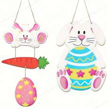 2pcs Easter Decorative Wooden Door/Wall Signs With Ropes, Rabbit, Egg, Carrot Shaped Hanging Ornaments, Suitable For Home, Farm, Yard, Easter Party, Indoor/Outdoor Decor (White, Pink) - Multicolor - View 1