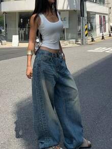 Women's Casual Wide Leg Jeans, Elegant & Fashionable Long Style, With Pockets, Medium Stretch Washed Fabric - Rửa bằng nước - Xem 1