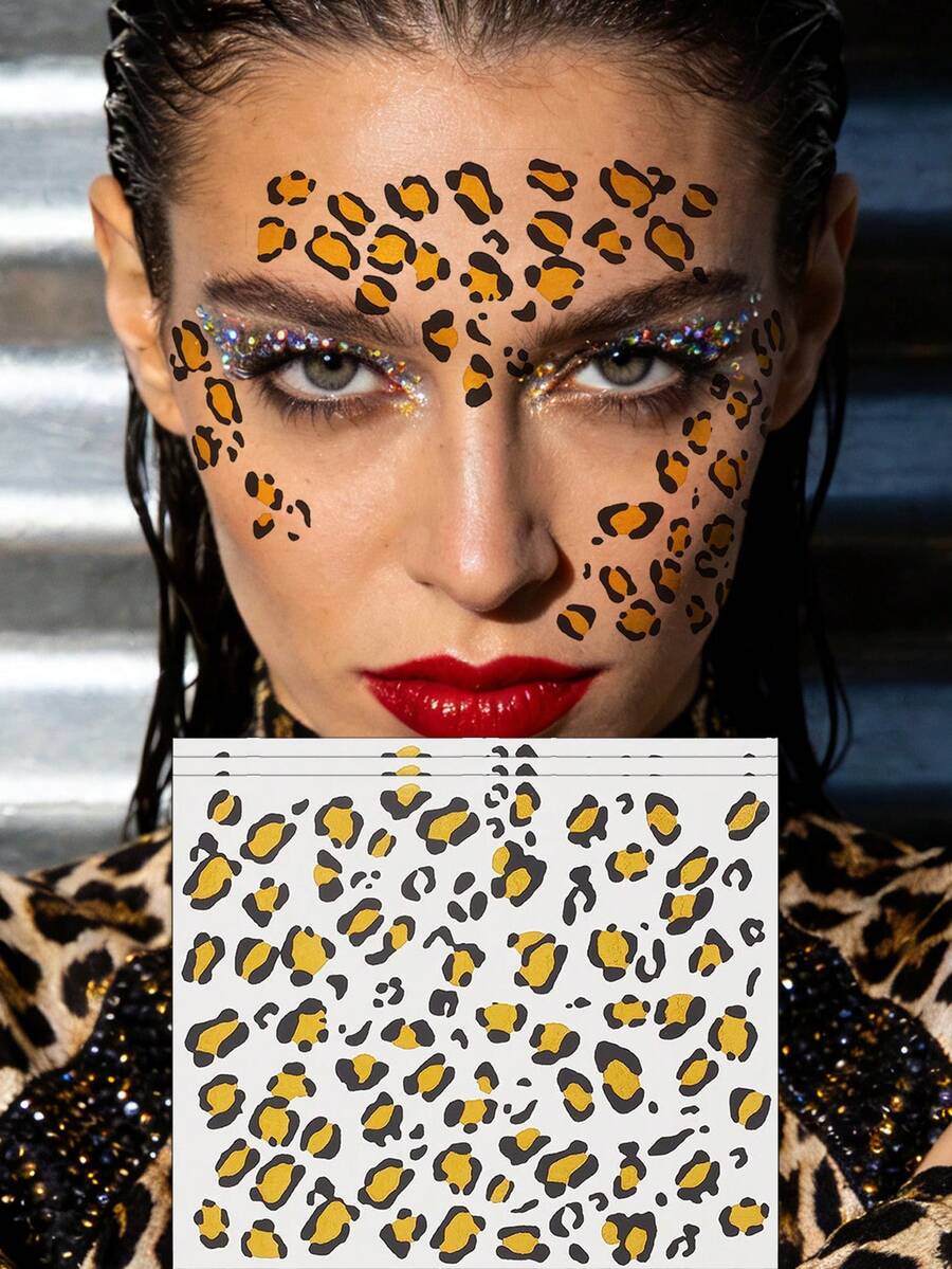 3 Sheets Cheetah Print Tattoo Leopard Temporary Tattoo Realistic Animal Fake Tattoos Halloween Face Tattoos Cheetah Costume Makeup For Party Festival - Multicolor - View 1