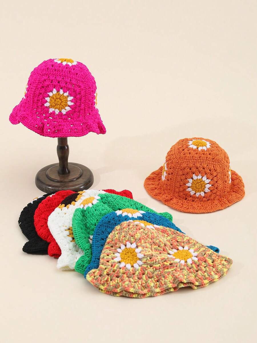1pc Women's Handmade Crochet Sunflower Pattern Decorated Colorful Patchwork Bucket Hat, Cute & Sweet Style For Traveling And Outdoors Winter Fall Winter Outfits - Hot Pink - View 1