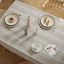 Gernaice Rustic Stripe Embroidered Tablecloth Heavy Tassel Small Rectangle Cotton Linen Table Cloth Wrinkle Free Washable Table Cover For Coffee Living Room Sofa Table Brown 36x55 Inch - 棕色 - 查看 5