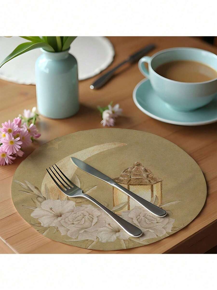 1 Peça Tapete de Refeição da Lua do Ramadã, Tapete de Refeição Redondo Impresso com Lua de Linho, Tapete Isolante Anti-Sujeira, Decoração Simples, Tapete para Refeição Ocidental Adequado para o Ramadã e Decoração Doméstica - Multicolorido - Visão 1