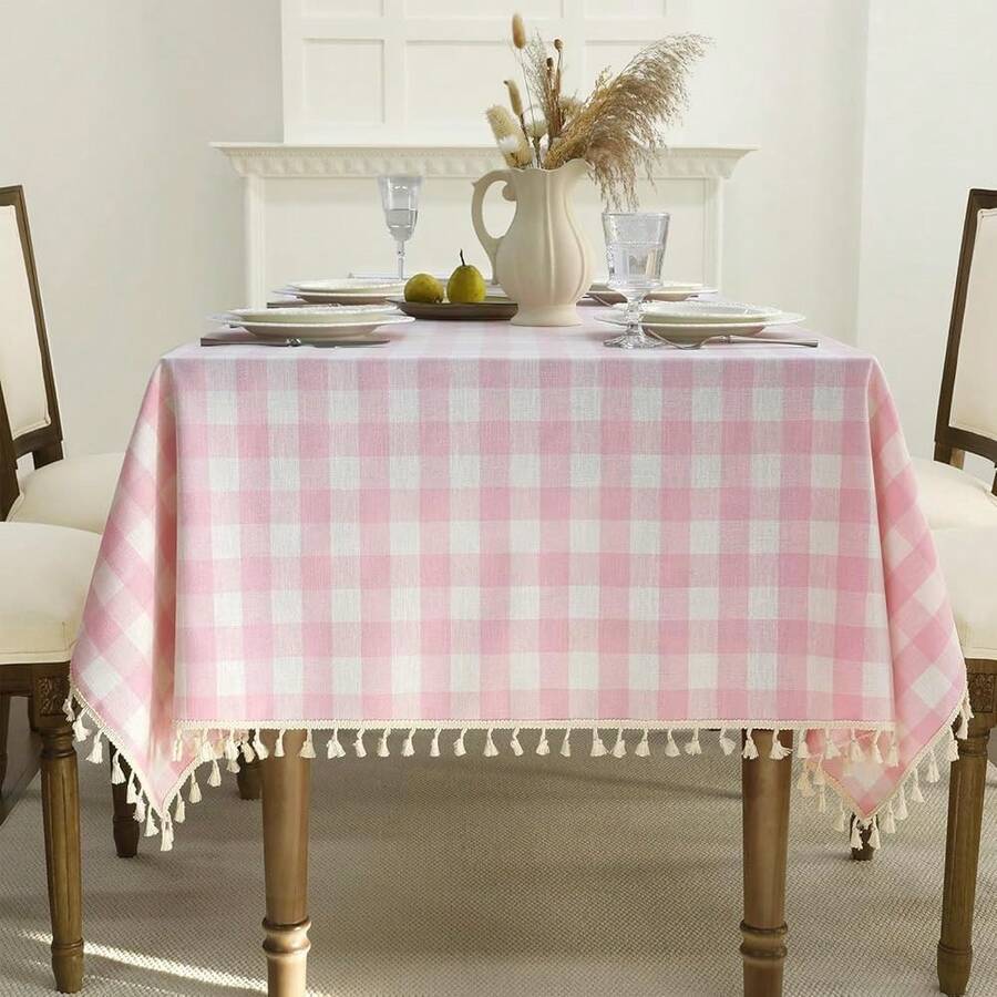 Romanstile Valentines Pink Gingham Tablecloth Square, Waterproof Heavy Duty Linen Cotton Checkered Table Cloth With Tassel, Wrinkle Free Plaid Table Cover For Spring Easter Outdoor - 55 X 55 Inch - kẻ caro hồng - Xem 1