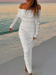 露肩长袖修身性感简约连衣裙 白色 春季优雅 - 白色 - 查看 3