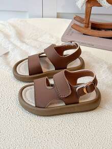 1双儿童/幼儿魔术贴沙滩凉鞋，舒适百搭的平底拖鞋 - 棕色 - 查看 2