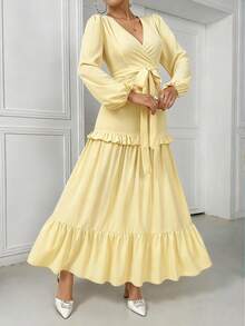 Women's Elegant Flounced Splice Cinched Waist Flare Sleeve Dress,Spring/Summer - Yellow - View 3