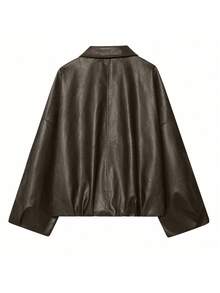 New Vintage Bomber Leather Jacket, Solid Color Casual Zipper Pocket Jacket, Leather Jacket, Regular Fit, Women Winter Jacket - Olive Green - View 7