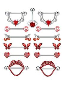 11/13pcs Copper Zirconia Lip, Heart & Multi-Element Nipple Rings, Stainless Steel Sexy Nipple & Navel Piercing Jewelry Set, Suitable For Women - Multicolor - View 1