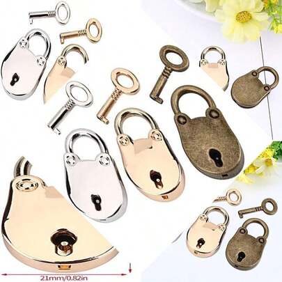 Antique Padlock With Key For Decorative Purposes, Mini Archaize Style, Silver Gold Bronze Metal, Unique Design