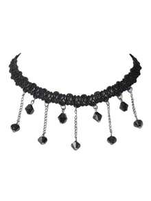 2件套哥特风黑色蕾丝颈链，带吊坠和流苏，女士款