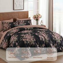 7 Pieces Purple Floral Comforter Set King Size, Soft Microfiber Black Powder Bed In A Bag Comforter Set With Sheets For All Season,Home ,Bedroom Decor ,Perfect Gift For Valentine's Day, Women's Day & Weddings ,Essential Household Supplies - Bột đen - Xem 3