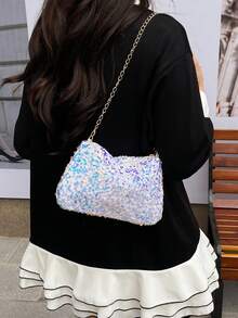 Túi đeo vai đính sequin thời trang mới, túi vuông nhỏ đa năng có dây đeo xích dành cho nữ. - Màu be - Xem 3
