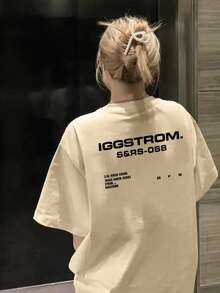 Women's Simple Solid Apricot Contrast English Letter Graphic Double-Sided Print Casual Loose Fit Layering Basic Everyday Commute Street Y2K Round Neck Ribbed Short Sleeve T-Shirt - Apricot - View 4