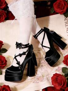 Womens Mary Jane Heels Platform Chunky Bow Heels Goth Square Toe Shoes Chunky High Heel Satin Y2K Heels - Đen 2 - Xem 1
