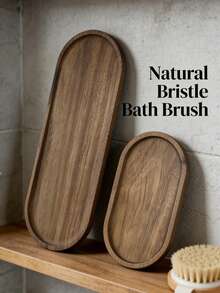 1个椭圆形木质托盘，浴室木质托盘，梳妆托盘，香水托盘，浴室装饰，家居装饰，卧室装饰，客厅配件，浴室配件，斋月装饰品，适用于浴室、台面、水槽、马桶，送给妈妈的绝佳礼物 - 棕色 - 查看 2