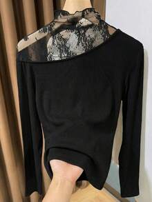 早春撞色蕾丝荷叶边女士打底衫，秋冬休闲黑色 - 黑色 - 查看 6
