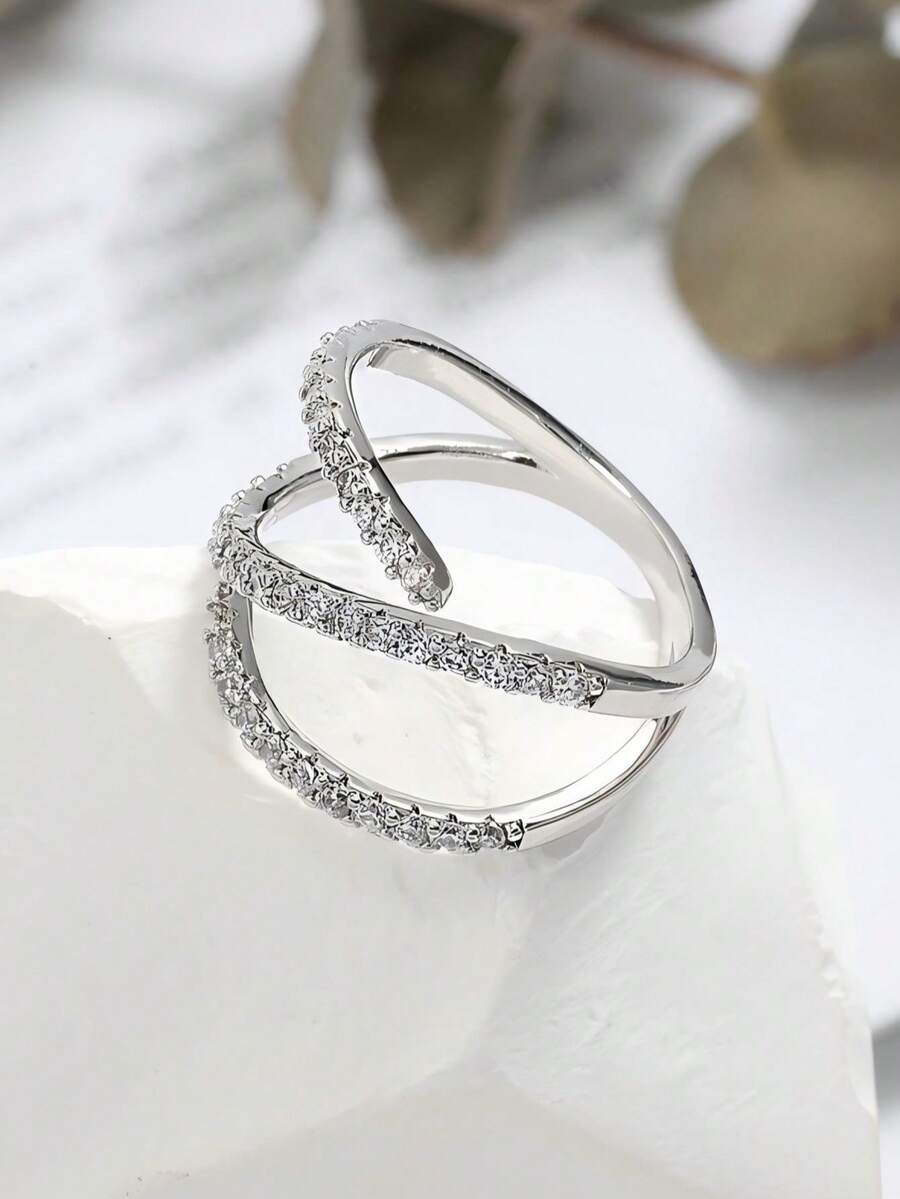Silver Plated Cubic Zirconia Stackable Rings Set, Twisted/Leaf/Infinity Open Band Rings, Elegant Minimalist Jewelry For Women, Daily & Party Wear - Sexy Lines YR0844 - View 1