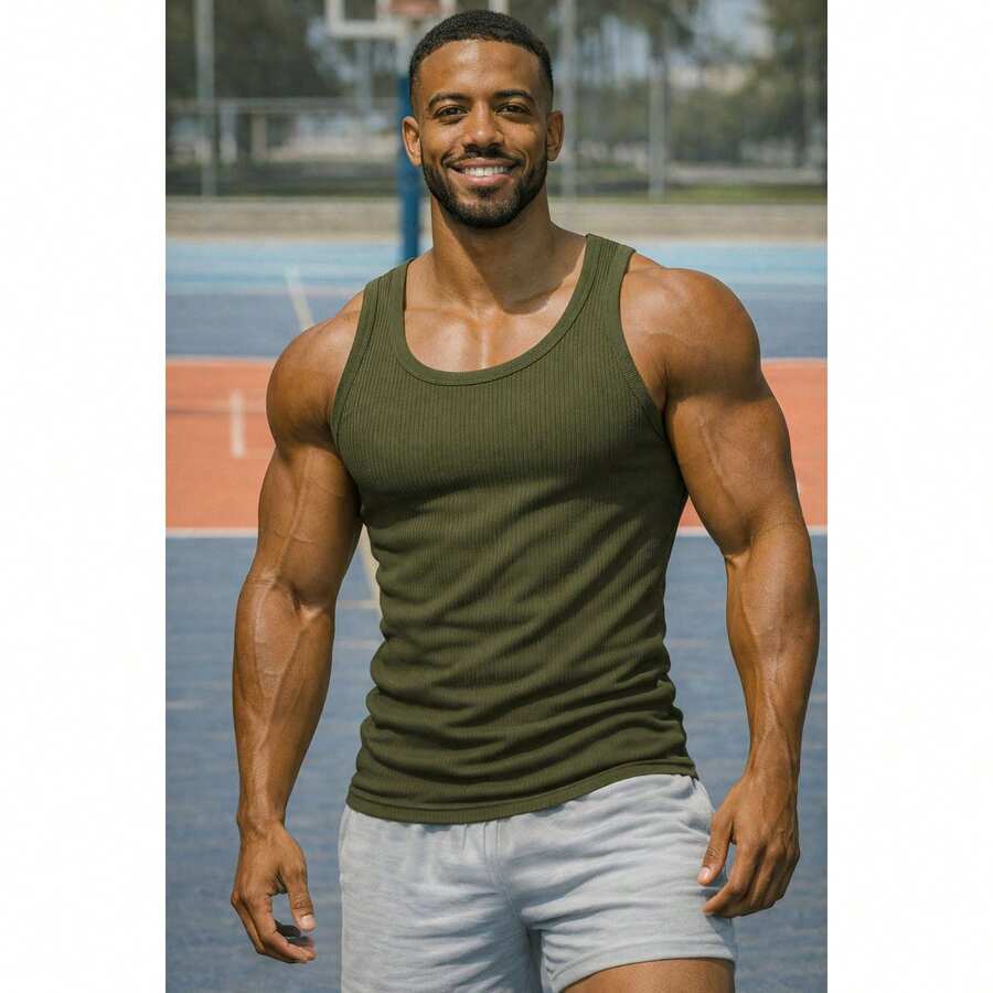 Basic American Ribbed Tank Top - xanh quân đội - Xem 1