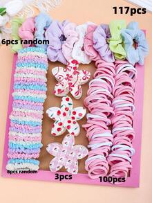 117件套粉色甜美夏日发饰套装，包含发带、大花朵发夹、发圈和发绳 - 适合女孩和女士，无论是通勤、约会、派对还是度假，都能满足您的发型需求，让您成为时尚焦点 - 2025新款设计，发饰、抓夹、学习用品、礼物、可爱配饰、发带、发箍、情人节配饰