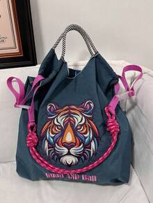 1pc New Casual Embroidered Cute Tiger Head Pattern Lightweight Foldable Large Capacity Nylon Tote Bag, Adjustable Shoulder Strap, Suitable For Commuting, Party - Multicolor - View 7