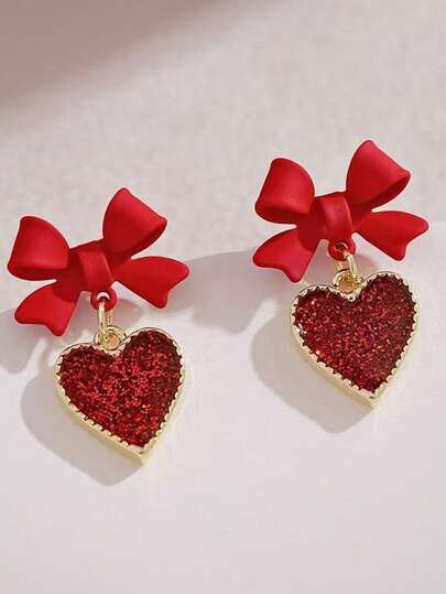 1 par de pendientes con diseño de corazón rojo, lazo, elegantes, lindos y dulces, estilo único para niñas