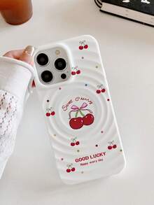 1800克强磁甜樱桃蝴蝶结设计软硅胶TPU保护壳，Y2K可爱美学波浪图案，好运标语，兼容 11、17 Pro Max、15、17 - 白色 - 查看 5