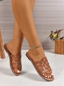 Giày sandal đế bằng bản rộng thời trang nữ, kiểu dáng thoải mái, dễ xỏ, mang phong cách retro, thích hợp cho đi biển, dự tiệc, sandal đế bằng đa năng dành cho nữ. - màu nâu - Xem 2
